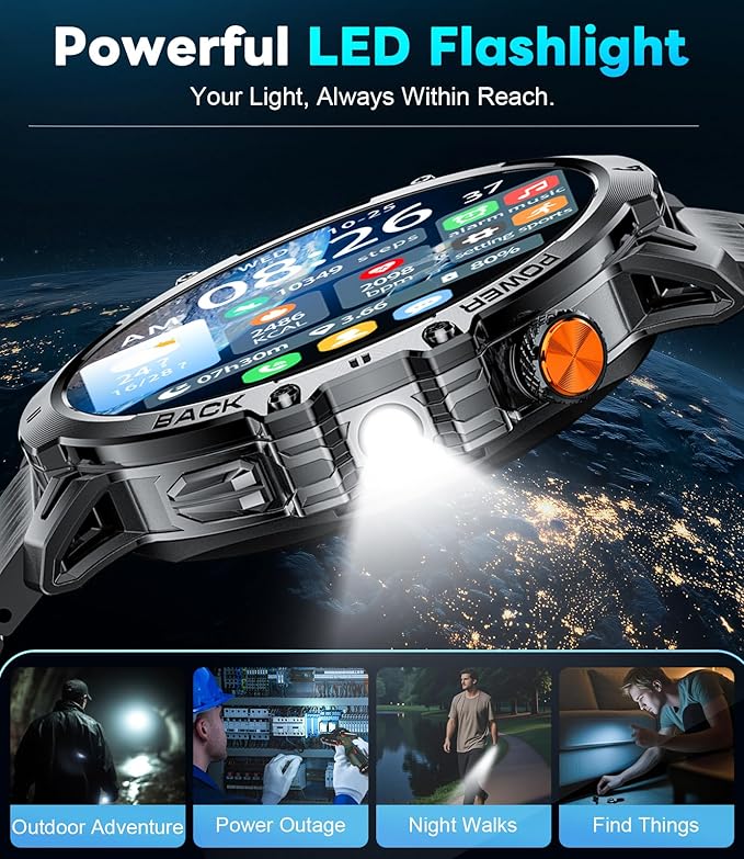 LIGE Military Smart Watches for Men(2 Bands),1000mAh/1.85" HD Large Screen Smartwatch, Flashlight/110+ Sports Modes/IP68 Waterproof/Sleep Monitor, Fitness Tracker Watch for Android iOS,Matte Black