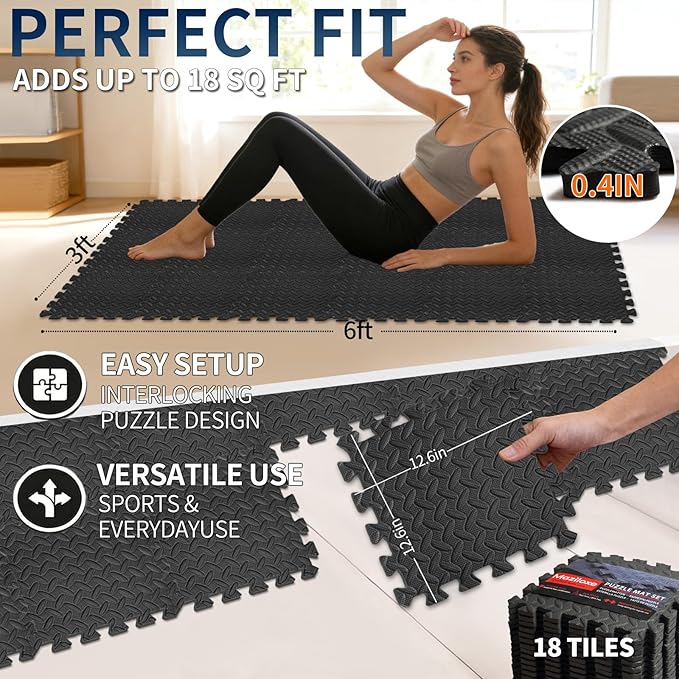 Gym Mats for Home Gym, 18 PCS Interlocking Foam Floor Tiles, EVA Workout Mats 12.6"x12.6"x0.4", Anti-Slip Exercise Mat Tiles, Puzzle Gym Flooring for Home, Garage, Fitness Equipment