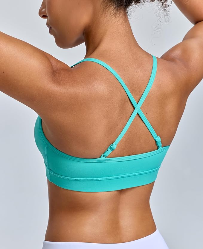 Oalka V Neck Sports Bra for Women Adjustable Padded Thin Straps Wireless Yoga Bras