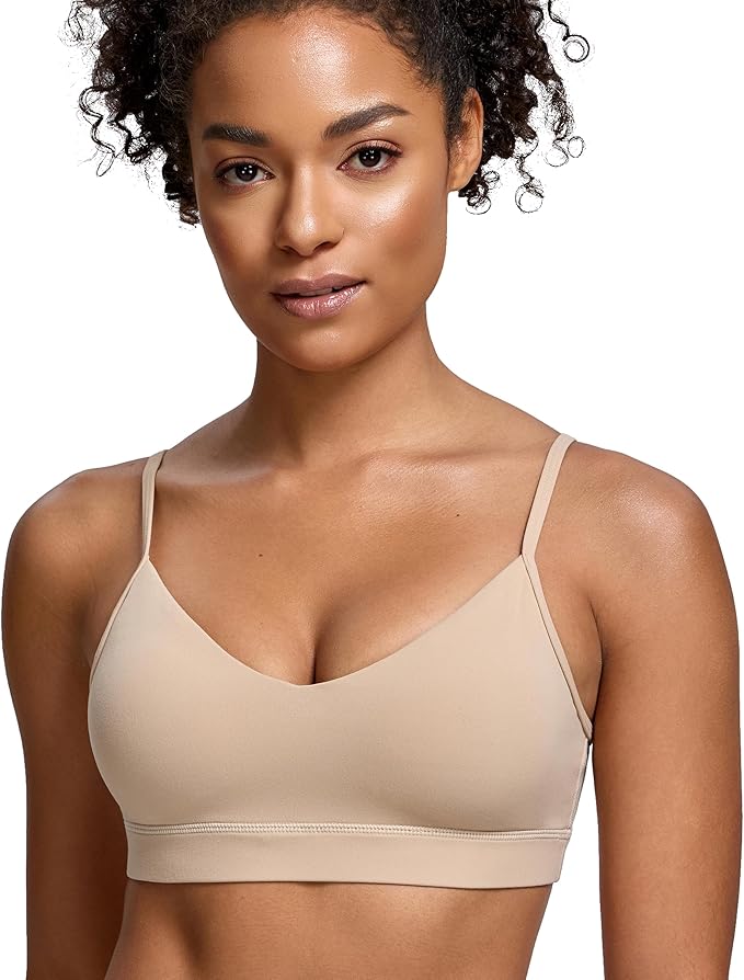 Oalka V Neck Sports Bra for Women Adjustable Padded Thin Straps Wireless Yoga Bras