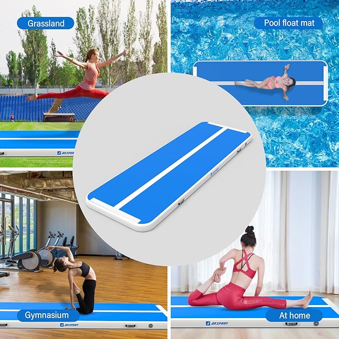 AKSPORT Gymnastics Air Mat Tumble Track Tumbling Mat Inflatable Floor Mats with Air Pump for Home Use/Tumble/Gym/Training/Cheerleading/Parkour/Beach/Park/Water
