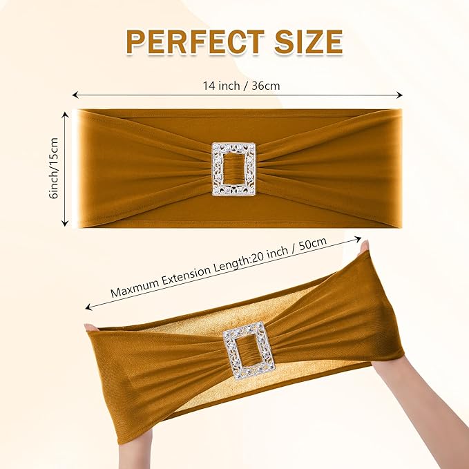 Joccun 120 PCS Spandex Chair Sashes Bows Stretch Chair Cover Band with Buckle Slider Universal Elastic Chair Ties for Wedding Banquet Party Event Decoration (Gold)