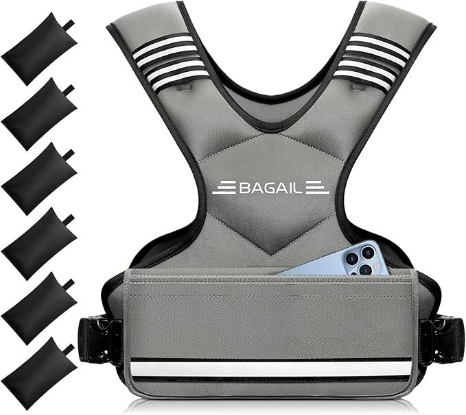 BAGAIL Adjustable Weighted Vest 4-10lb/12-18lb/20-32lb, Comfortable X-Shape & U-Neck Weight Vest for Women and Men Walking with 6 Removable Weights, Large Pocket and Reflective Strips