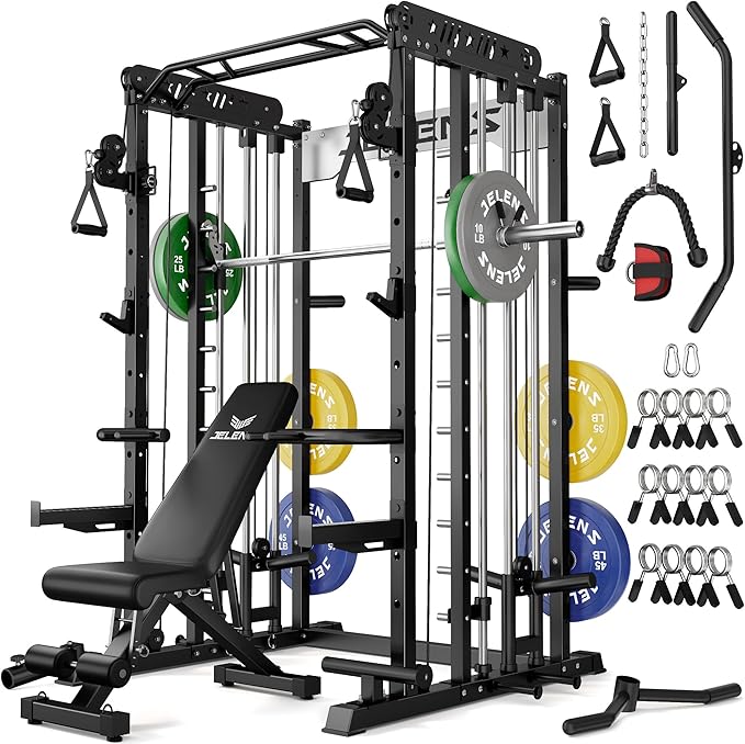 JELENS Smith Machine for Home Gym, Multi-Function M12 Power Cage with Cable Crossover System, Squat Rack with Smith Bar and More Attachment
