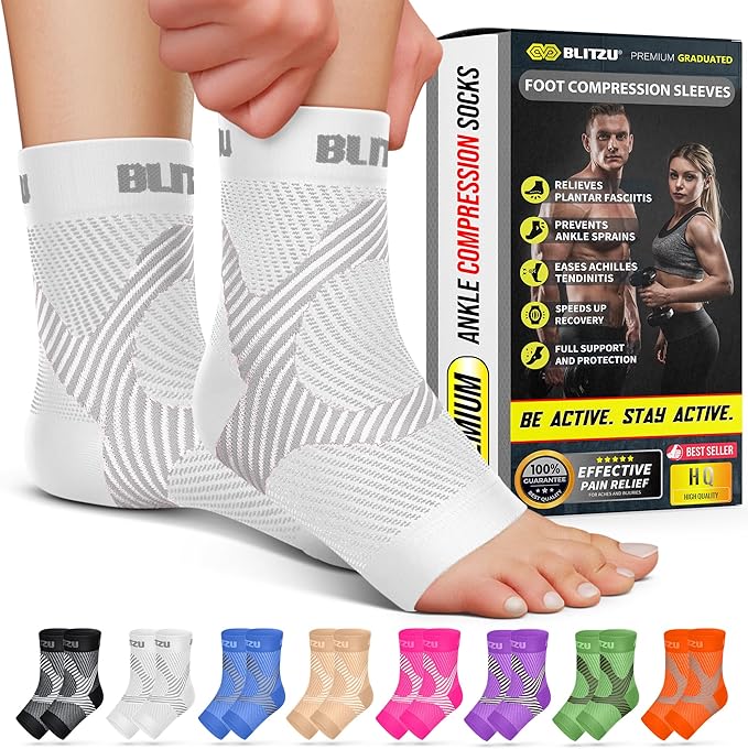 BLITZU Compression Socks for Plantar Fasciitis, Achilles Tendonitis, Arthritis Relief, Ankle Brace Compression Sleeve with Foot Arch Support, Ankle Wrap for Women, Men, Swelling & Heel Pain White XXL