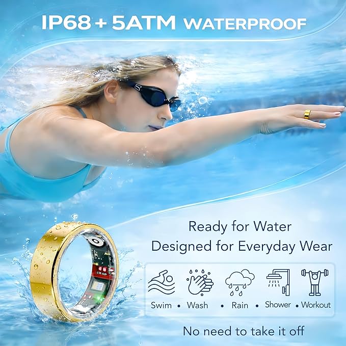 Smart Ring Health & Fitness Tracker for Men & Women – Sleep, Heart Rate, SpO₂, HRV & Stress Tracking – BP & Women Health Support, 180+ Sport Modes, IP68 Waterproof, No Subscription Fee (Gold, 12)