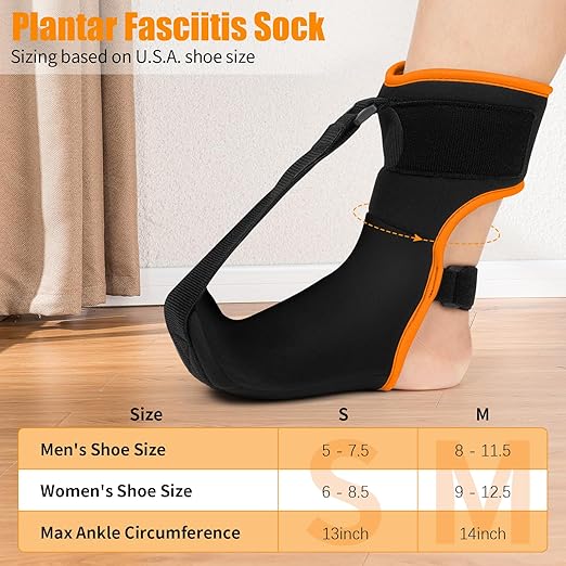 Plantar Fasciitis Night Splint Sock: Upgraded Plantar Fasciitis Brace with Support Plate for Women Men for Achilles Tendonitis Foot Drop Heel Spur Pain Relief Black-Orange Small
