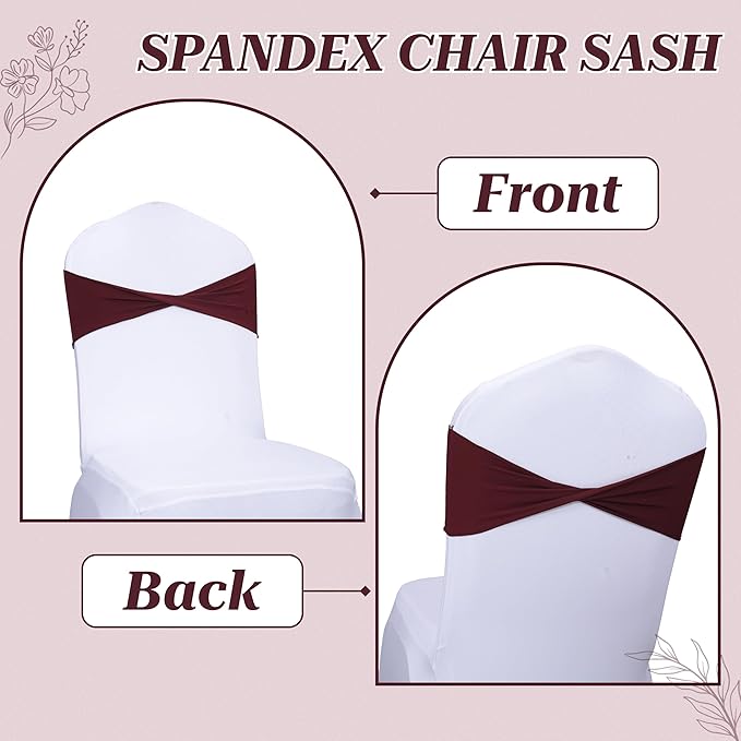 MDS Pack of 125 Spandex Chair Sashes Bows Elastic Stretch Dining Chair Bands Ties Without Slider Buckle Universal fits for Wedding Baby Shower Birthday Party Banquet Event Decoration - Burgundy