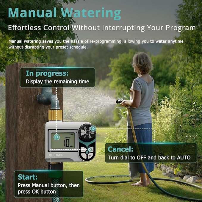 QUOBAS 2 Pack Low Pressure Water Timer, Programmable Sprinkler Timer with Brass Inlet & Outlet for Rain Barrel, Garden Hose, with Ball Valve & Waterproof Screen, Rain Delay/Manual/Auto Modes