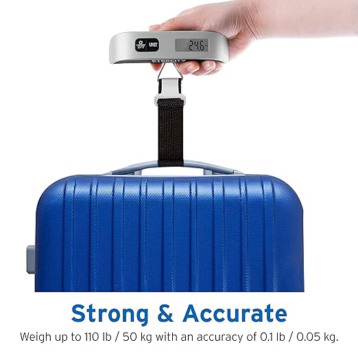 Etekcity Luggage Scale, Travel Essentials, Digital Suitcase Weight Scales for Travel Accessories, Hanging Baggage Scale with hook, 110 Pounds, Battery Included, Silver