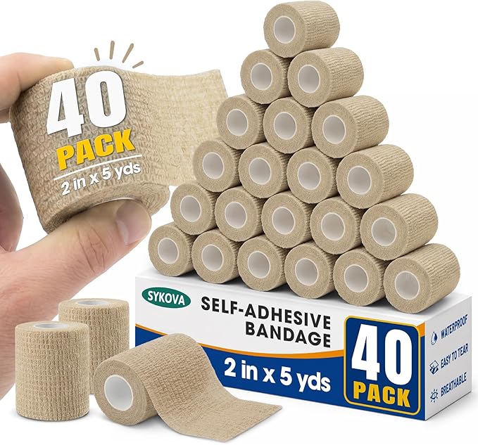 40 Pack Self-Adherent Cohesive Wrap Bandages, Skin Color 2 Inch Strong Compression Wrap and Elastic Bandage for Ankle Support, Includes Stretch Athletic, Finger, Knee, First Aid Tape