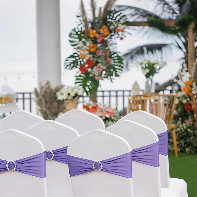 100 PCS Spandex Lavender Chair Sashes for Wedding Stretch Light Purple Chair Bows Bands with Buckle for Party Banquet Birthday Engagement Outdoor Events Decorations