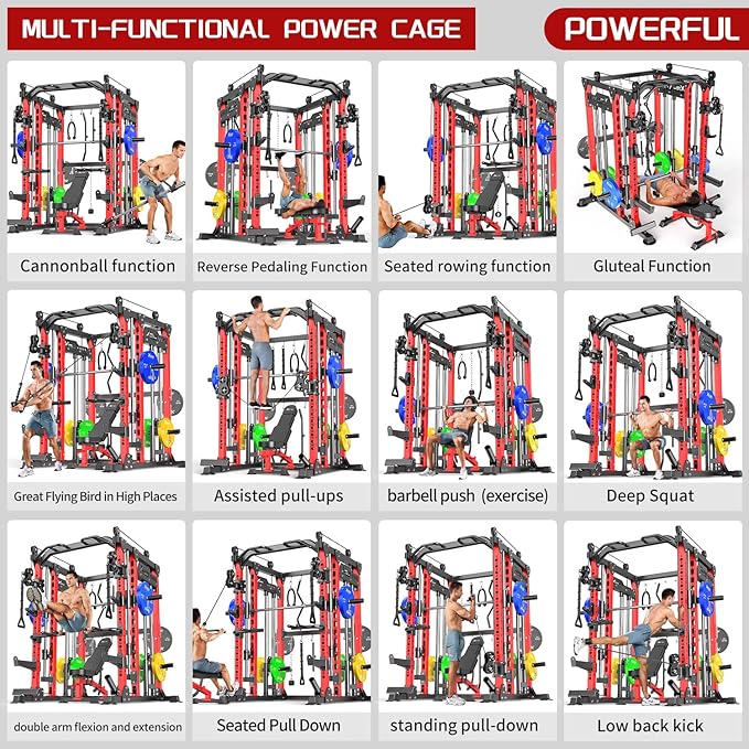 Multi-Purpose Squat Rack,Smith Machine Weight Rack Set with Cable Crossover System, Home Gym Power Racks, Power Racks and Packages
