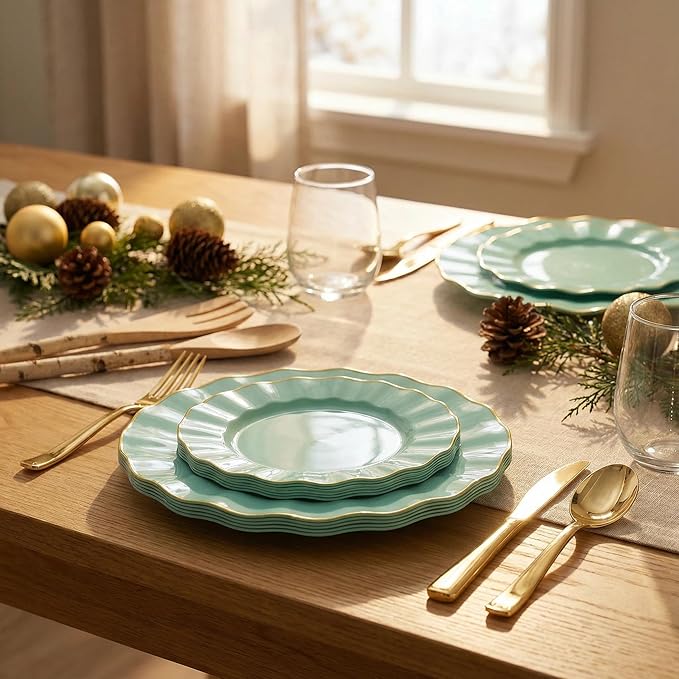 60Pcs Sage Green Plastic Plates, Ware Sage Green Disposable Plates with Gold Rim, Fancy Plastic Plate Include 30 Dinner & Dessert Plate for Party Wedding