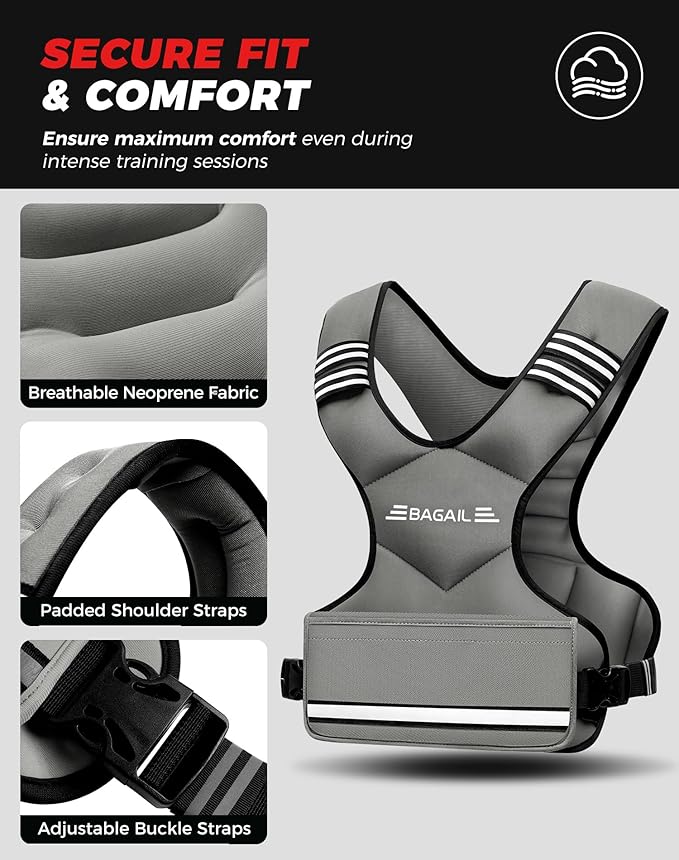 BAGAIL Adjustable Weighted Vest 4-10lb/12-18lb/20-32lb, Comfortable X-Shape & U-Neck Weight Vest for Women and Men Walking with 6 Removable Weights, Large Pocket and Reflective Strips