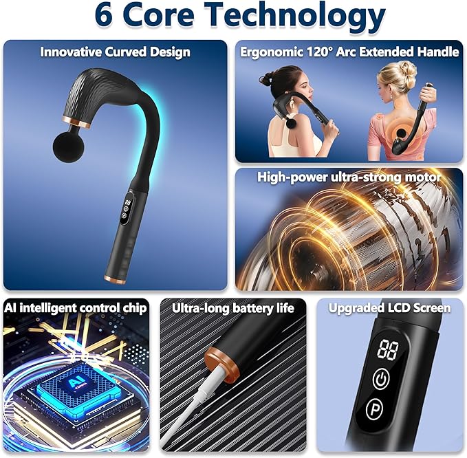 UFFAE Massage Gun with Upgraded Extension Handle, Back Massager for Pain Relief Deep Tissue, Muscles/Neck/Shoulders/Waist/Legs Massager with 4 Massage Heads & 6 Speed Levels & 3 Massage Modes