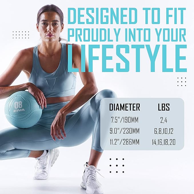 ZIVA Medicine Ball – Durable Rubber Weighted Ball with Easy-Grip Textured Shell for Core, Balance and Strength Training – Commercial Quality (Turquoise, 4–12 lb)