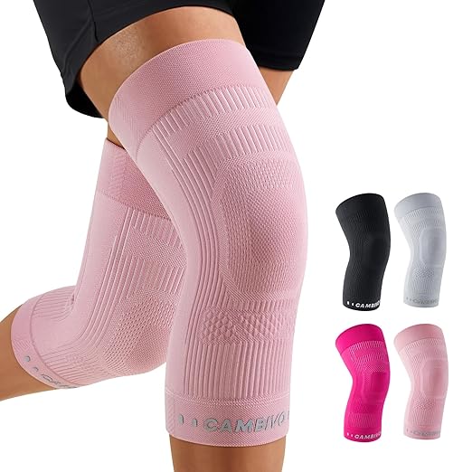 CAMBIVO Knee Brace for Women and Men (2 Pack), Ultra-Thin Lightweight Knee Compression Sleeve (Light Pink, Medium)