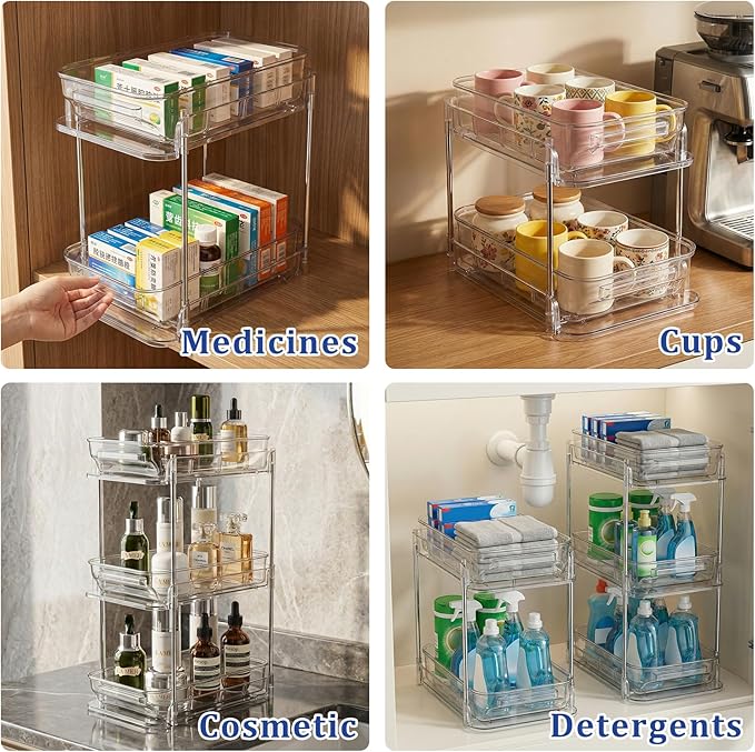 Clear CD Organizer, 2-Tier Sliding Drawer Storage Shelf - Holds 48 CDs, Versatile Organizer for VCDs DVDs CDs, Cosmetics, Cups (2-Tier)