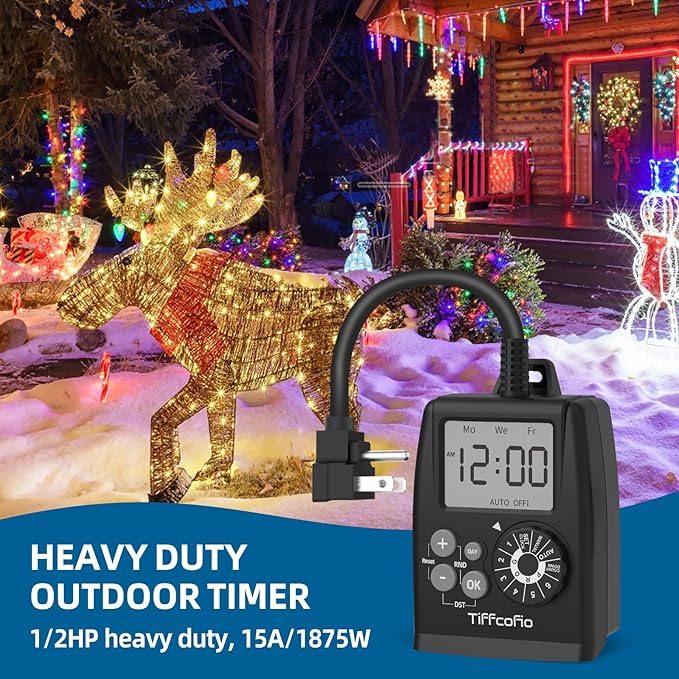 TiFFCOFiO New Digital Outdoor Timer Outlet, Dial Programmable Method, Outdoor Light Timer Waterproof, 2 Grounded Electrical Outlets for Christmas Lights, 6 Sets of Programs, 15A/1875W (2 Packs)