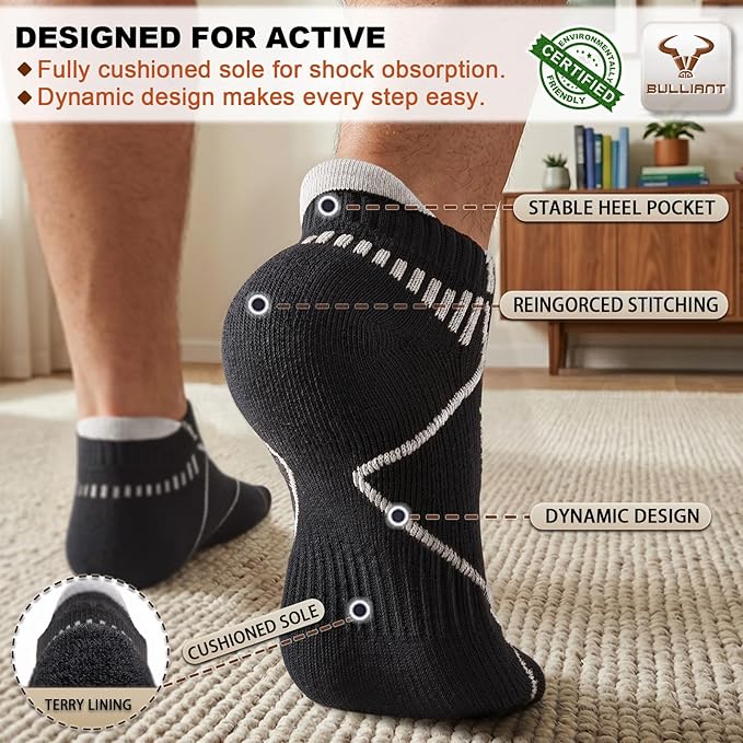BULLIANT Men Running Socks,Active Ankle Socks No Show For Men With Cushioned Footbed Arch Support Breathable Wicking