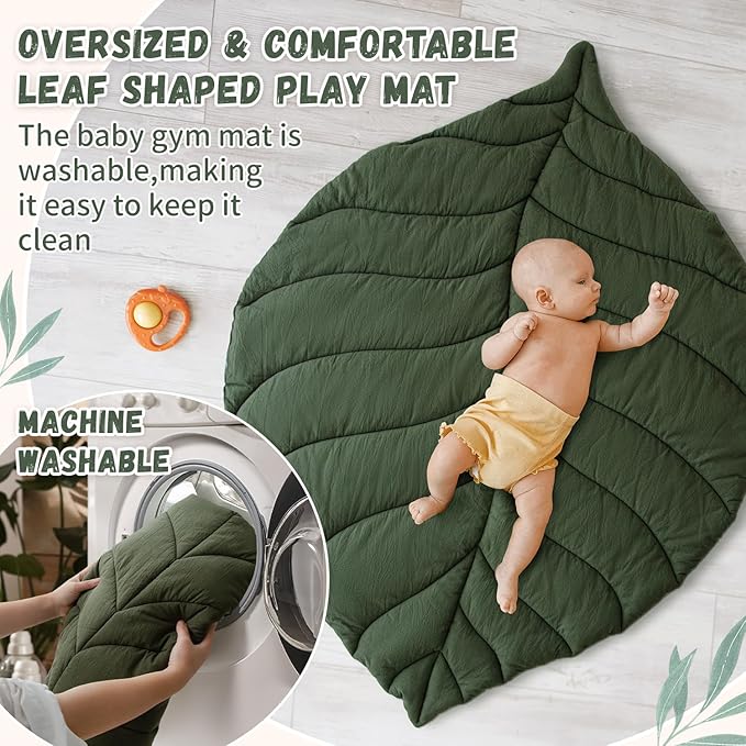 Baby Play Gym with Mat Leaf Shaped, Baby Play Mat with 5 Hanging Toys Tummy Time Mat, Baby Gym Activity Center, Washable (Green)