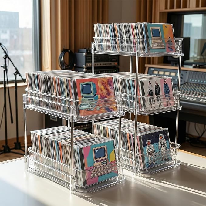 Clear CD Organizer, 2-Tier Sliding Drawer Storage Shelf - Holds 48 CDs, Versatile Organizer for VCDs DVDs CDs, Cosmetics, Cups (2-Tier)