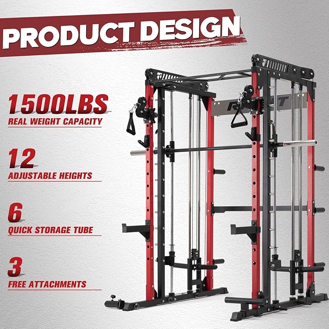 RitFit M1 Pro Smith Machine with Cable Crossover System, Multi-Function Squat Rack Power Cage for Home Gym, Power Rack and Packages