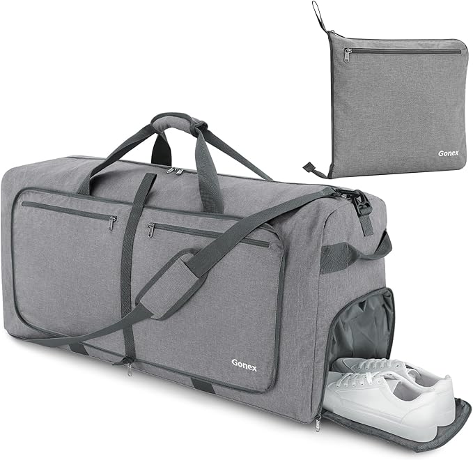 Gonex Large Foldable Travel Duffle Bag with Shoes Compartment, Packable Lightweight Water Repellent Duffel Bag for Camping Gym Weekender Bag