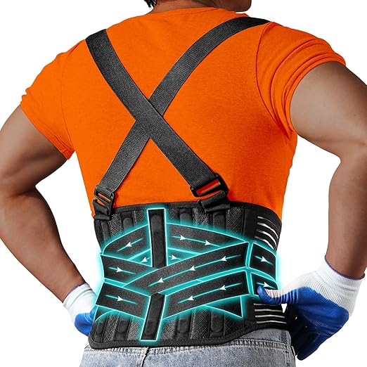 Plus Size 4XL/5XL Work Back Brace with 2 Removable Suspender Shoulder Straps - Posture Corrector Protector for Heavy Lifting Safety - Back Support Belt for Men Women in Construction