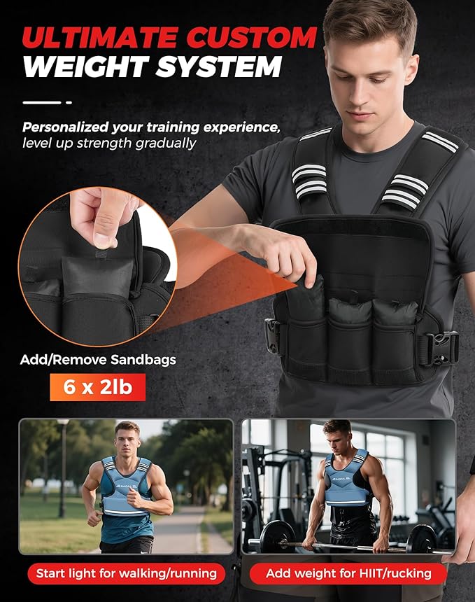 BAGAIL Adjustable Weighted Vest 4-10lb/12-18lb/20-32lb, Comfortable X-Shape & U-Neck Weight Vest for Women and Men Walking with 6 Removable Weights, Large Pocket and Reflective Strips