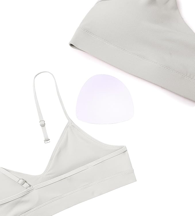Oalka V Neck Sports Bra for Women Adjustable Padded Thin Straps Wireless Yoga Bras