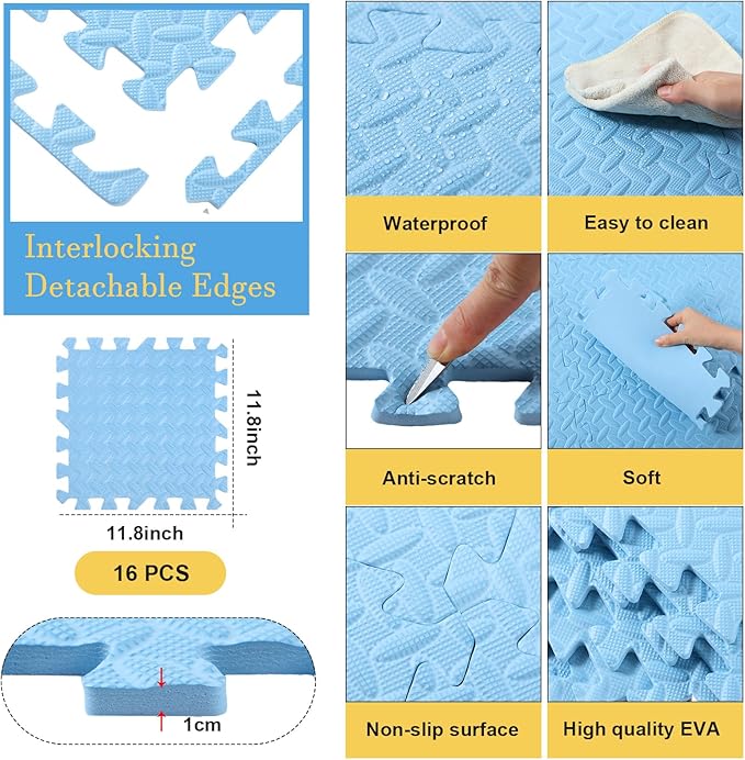 Shihanee Foam Floor Tiles Foam Floor Mats Play Mats Bulk with Borders Interlocking for Bedroom Gym Nursery(11.8 x 11.8 Inch,Blue)