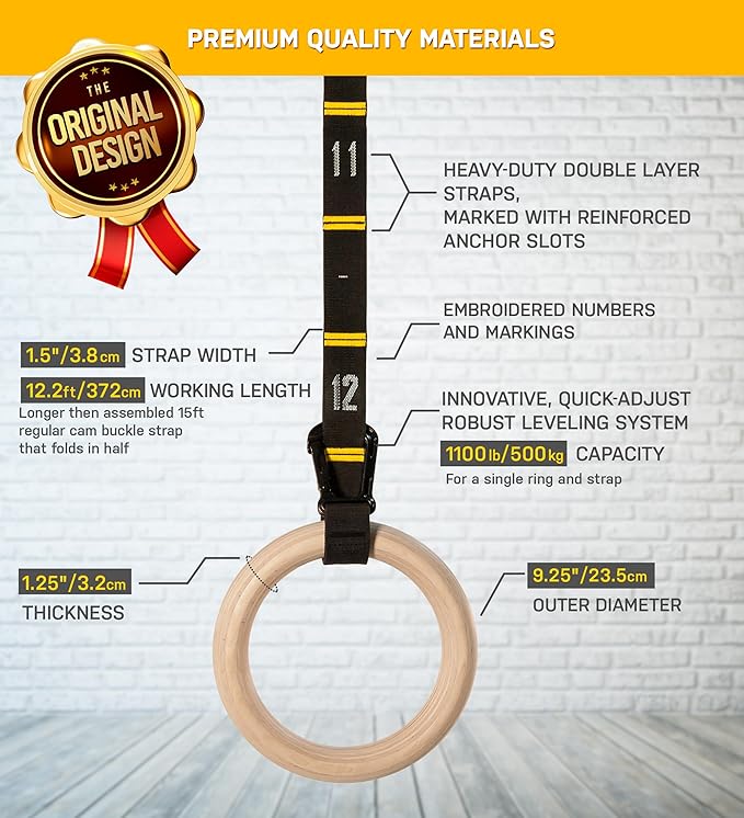 Double Circle Wood Gymnastics Rings with Quick Adjust Numbered Straps and Exercise Videos Guide - Full Body Workout Rings, Calisthenics, Home Gym (Multi-Size)
