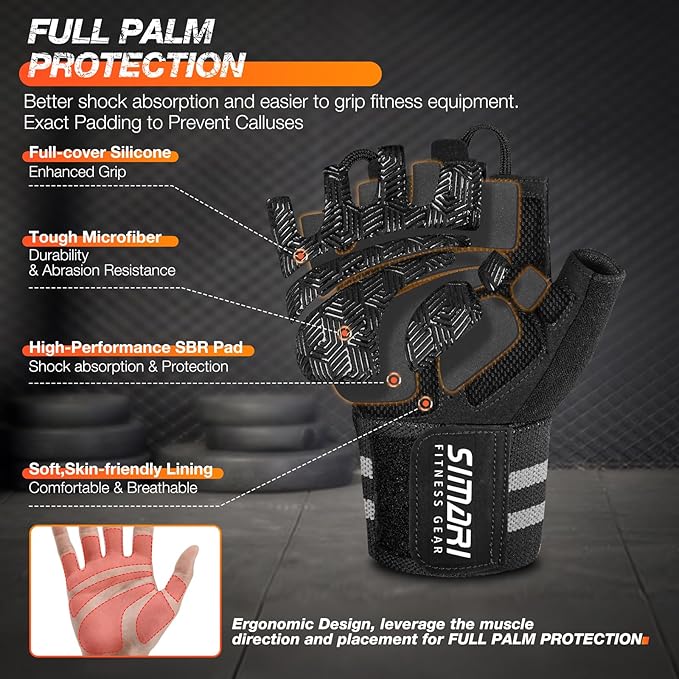 SIMARI Workout Gym Gloves for Men Women, Weight Lifting Gloves with Wrist Wrap Support, SBR Pad Grip for Full Palm Protection, for Exercise, Fitness, Dumbbells, Barbell, Climbing, Fingerless