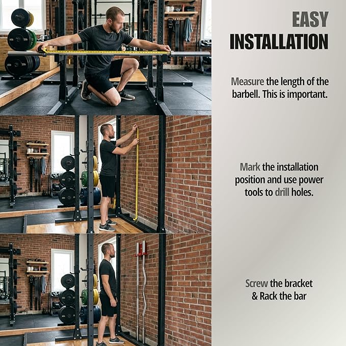 Olympic Barbell Hanger,Garage Gym Bar Wall Rack,Vertical Barbell Mount Rack,Space Saving Commercial or Home Gym Accessory,Holds Under 33mm Bar Size
