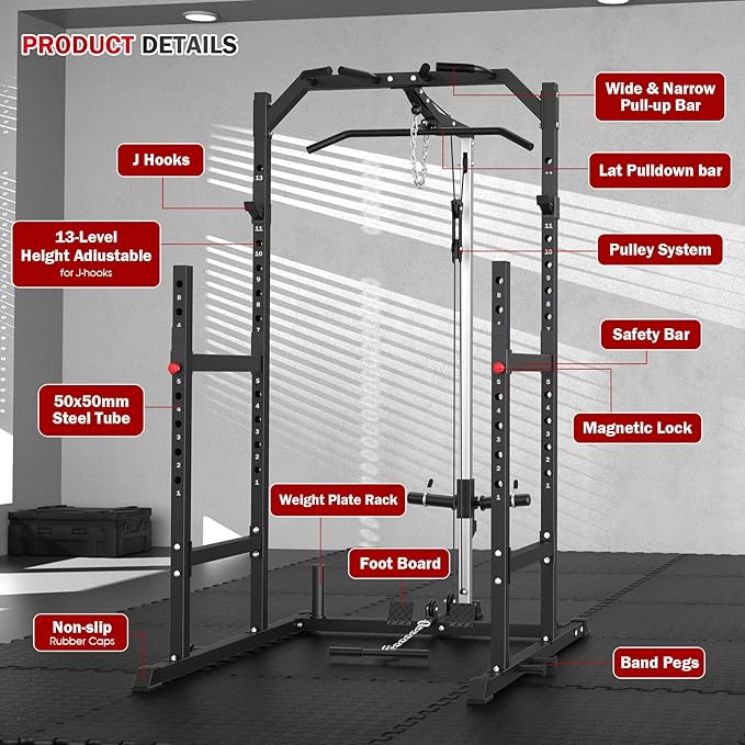 ULTRA FUEGO Power Cage, Multi-Function Power Rack with Pulley System Strength Training for Home Gym, Bench Press Squat LAT Pull-Down Pull-up Rowing, All in One Workout Cage