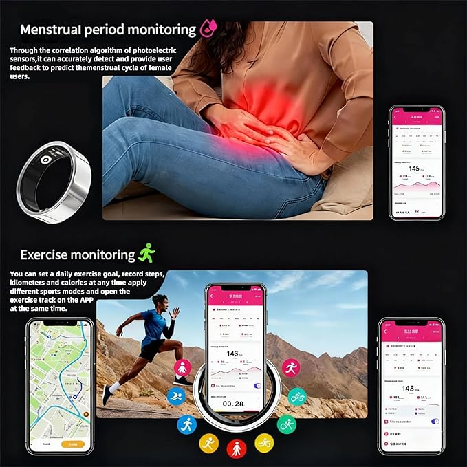 Smart Ring for Women Men, Fitness & Health Tracker with Vital Signs Monitoring, Sleep Tracker, Remote Photography, No Subscription(Silver,12#)