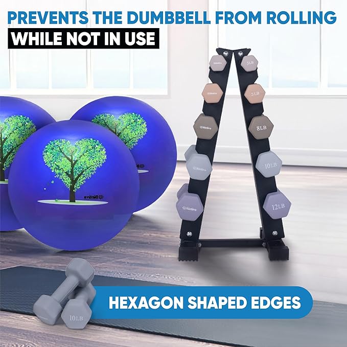 Dumbbell Set with Rack - Neoprene Coated Weights - Hex Color Coded Dumbell Pairs 1-20 LBs