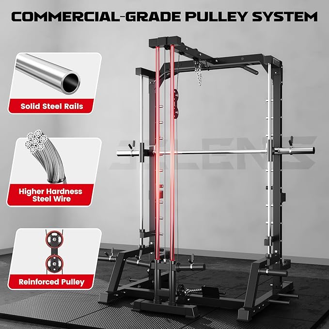 JELENS SR01 Smith Machine, 2000LBS Multi-Function Power Cage with LAT Pulldown System, All-in-One Home Gym Squat Rack with Smith Bar and Training Attachments for Full Body Workouts