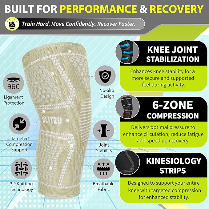 Knee Brace for Meniscus Tear 2 Pack, Knee Compression Sleeve for Men and Women, Knee Support for Arthritis, Swelling, Inflammation, ACL, Pain Relief, Running, Workout, Sports and Recovery Beige S