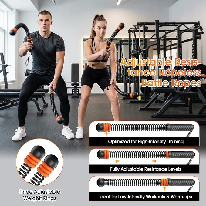 Ropeless Battle Ropes with 3 Adjustable Resistance Rings, Weighted Cordless Battle Rope for Home Gym, Portable Workout Equipment for HIIT, Cardio, Muscle Training & Fat Burning for Men Women (Black)