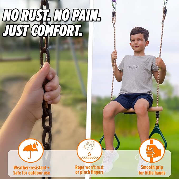 Wooden Trapeze Swing Bar for Kids - 18" Adjustable Height Monkey Bars Rings Swingset Accessories - Ninja Warrior Obstacle Course for Kids - Jungle Gym Accessories Playground Attachments
