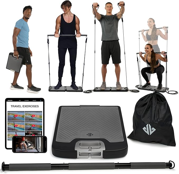 EVO Gym - Portable Home Gym Strength Training Equipment, At Home Gym | All in One Gym - Resistance Bands, Base Holds Gym Bar & Handles for Travel | Portable Gym & Home Exercise Equipment