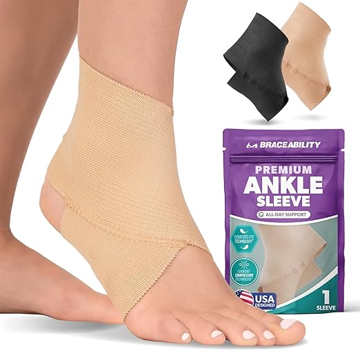 BraceAbility Elastic Ankle Support Brace - Lightweight Slip on Foot and Ankle Compression Sleeve for Gymnastics, Dance, Sports, Running, Exercise, and Sprained Ankle Swelling for Women and Men (Beige, 2XL)