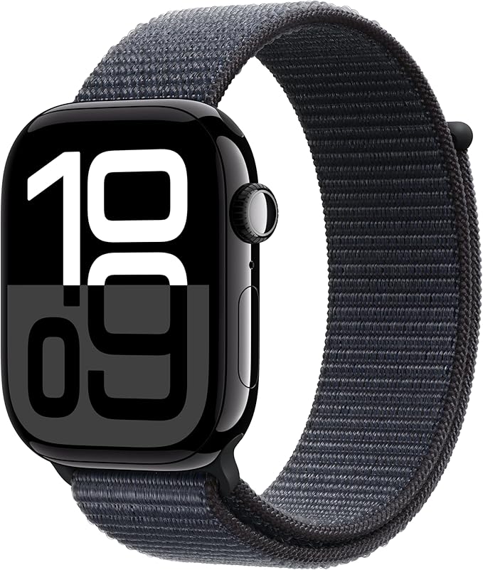 Apple Watch Series 10 [GPS 46mm case] Smartwatch with Jet Black Aluminum Case with Ink Sport Loop. Fitness Tracker, ECG App, Always-On Retina Display, Carbon Neutral