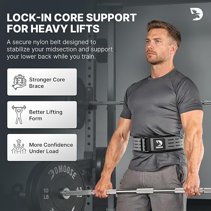 DMoose Weight Lifting Belt - Auto Locking Gym Belt for Olympic Training, WOD, Cross Training for Men and Women - 4" Nylon Workout belt with Adjustable Buckle - Provides Lumbar Support and Stability