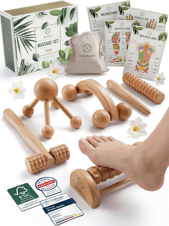 HELDSON® Wooden Therapy Massage Tools [6 Pieces] - Wood Rollers for Body Sculpting - Lymphatic Drainage Massager - Cellulite Tool - Maderoterapia Kit - Back Rolling Stick - Wellness Gifts Women, Men