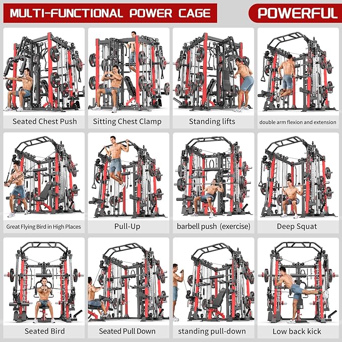 Multi-Purpose Squat Rack,Smith Machine Weight Rack Set with Cable Crossover System, Home Gym Power Racks, Power Racks and Packages