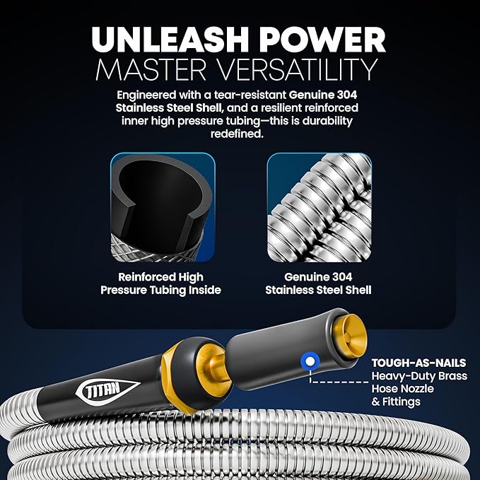 TITAN Garden Hose 50FT - 304 Stainless Steel Metal Water Hose, Flexible, Kink-Free, Lightweight, Durable, Crush Resistant Fittings, Easy to Coil, 500 PSI